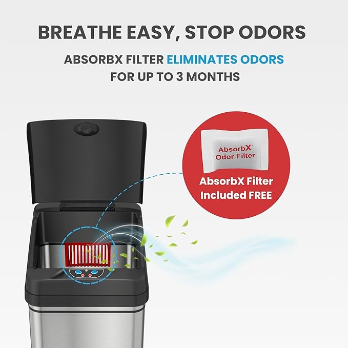 iTouchless 50 Liter / 13 Gallon Kitchen Trash Can with AC Adapter, Lid & Odor Filter – Motion Sensor Stainless Steel Garbage Bin for Home, Office, or Garage – Slim, Large Capacity Design