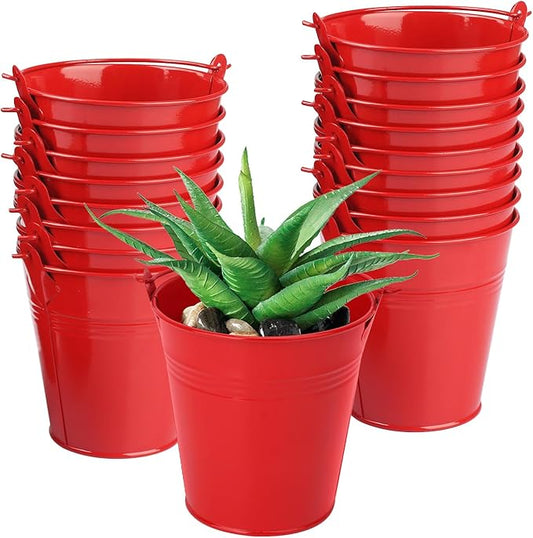 18 Pack 4 Inch Red Mini Metal Bucket, Elegant Galvanized Buckets with Handles, Tin Buckets, Small Iron Bucket, Mini Metal Pail for Party Favors, Crafts, Garden & Beach