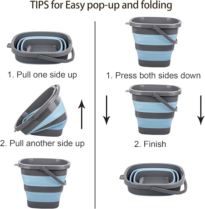 2 Pack Collapsible Plastic Bucket with 2.6 Gallon (10L) Each, Foldable Rectangular Tub for House Cleaning, Space Saving Outdoor Waterpot for Garden or Camping, Portable Fishing Water Pail