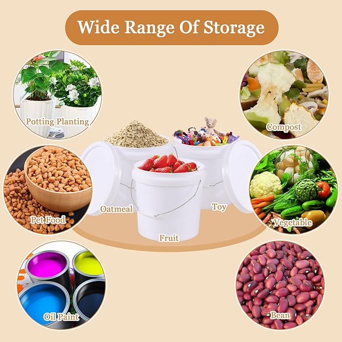 4 Gallon Plastic Food Grade White Bucket with Handle, All Purpose Storage Round Bucket Pail, 6 Packs