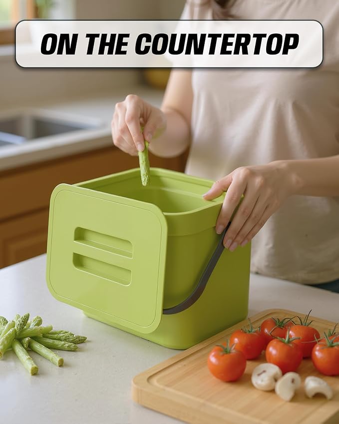 Countertop Compost Bin Kitchen, 1.8 Gallons Hanging Trash Can with Lid for Kitchen Cabinet Door, Under Sink, Wall Mounted Waste Bin for Bathroom, 7L(Lime Green)