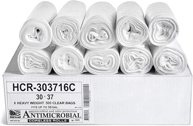 Aluf Plastics High Density Trash Bags, 30 Gallon, 500 Count, 16 Micron (eq), 30" x 37", Clear, for Bathroom, Office, Industrial, Commercial, Janitorial, Municipal, Recycling