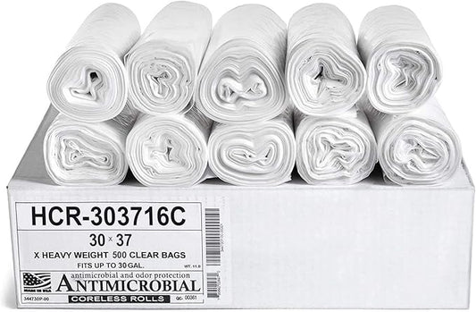 Aluf Plastics High Density Trash Bags, 30 Gallon, 500 Count, 16 Micron (eq), 30" x 37", Clear, for Bathroom, Office, Industrial, Commercial, Janitorial, Municipal, Recycling