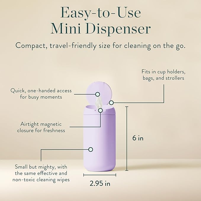 Biom Mini Dispenser + All-Purpose Wipes Starter Kit - Grapefruit Scented Cleaning Wipes | Fits in Car Cup Holder | Biodegradable Plant-Based Cleaner | Kid & Pet Friendly, Natural, Non-Toxic (Lilac)
