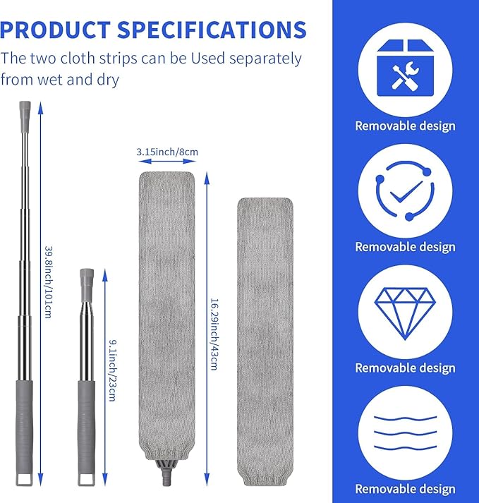 Retractable Gap Dust Cleaner, 4 Microfiber Dusting Cloths Long, Ceiling Fan Cleaner Duster with Stainless Steel Handle Washable Cleaning Tools, Extendable Duster, High Ceiling, Blinds