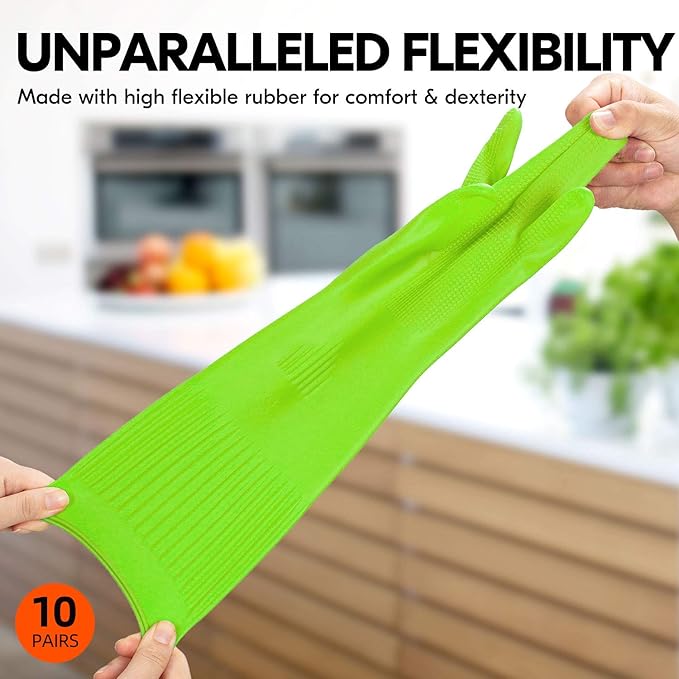 Vgo... 10-Pairs Dishwashing Gloves, Reusable Household Gloves, Kitchen Gloves, Long Sleeve, Thick Latex, Cleaning, Washing, Working, Painting, Gardening, Pet Care (Size M,Green, RB2143)