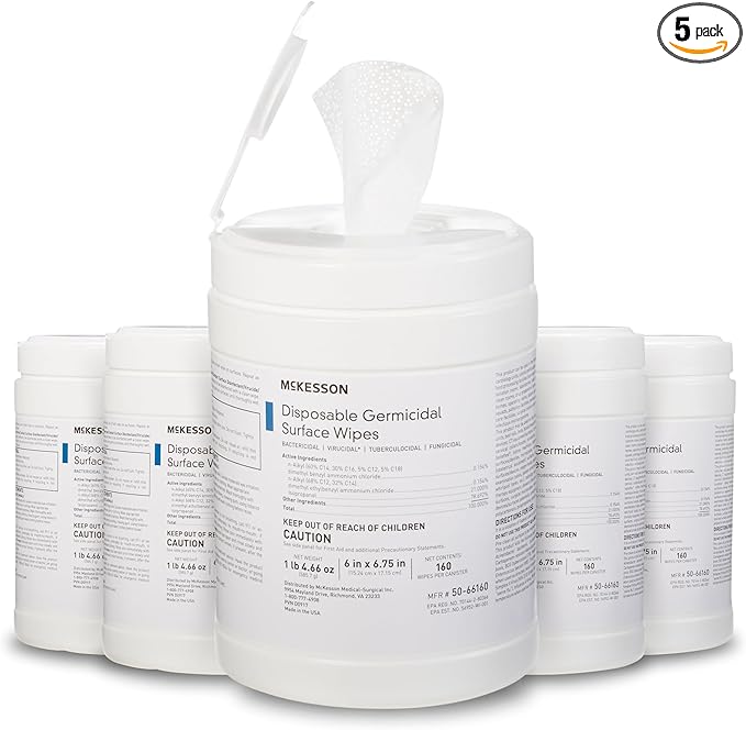 McKesson Germicidal Wipes [800 Count] Disinfecting Wipes, Alcohol Cleaning Disinfectant Wipes, Hospital Grade Multi-Surface Wipes, 160 Wipes, 5 Pack