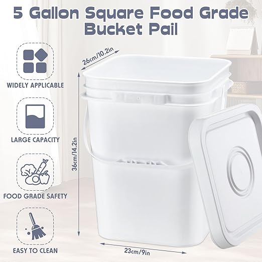 Vesici 6 Pcs 5 Gallon Food Grade Square Buckets with Lids 5 Gal Plastic Food Storage Square Bucket Heavy Duty Industrial Pail Container with DIY Label Stickers Handles for Water Painting(White)