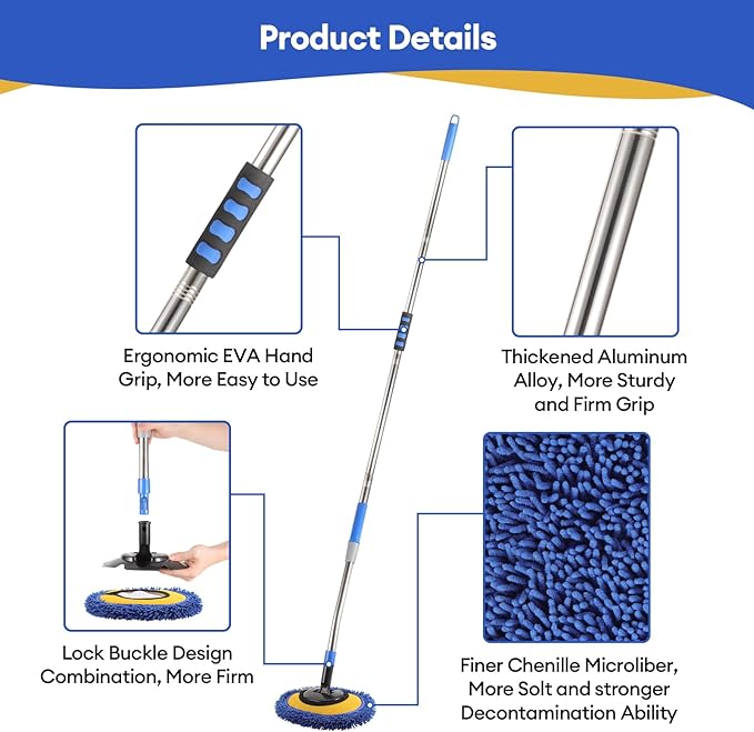 Wall Cleaner,Blue Wall Cleaner Mop with Long Handle Max 66’’ Wall Mop,Rotatable Adjustable Cleaning Mop,Ceiling Dust Mop,Cleaning Tool for Walls/Baseboard/Floors, Car Washes