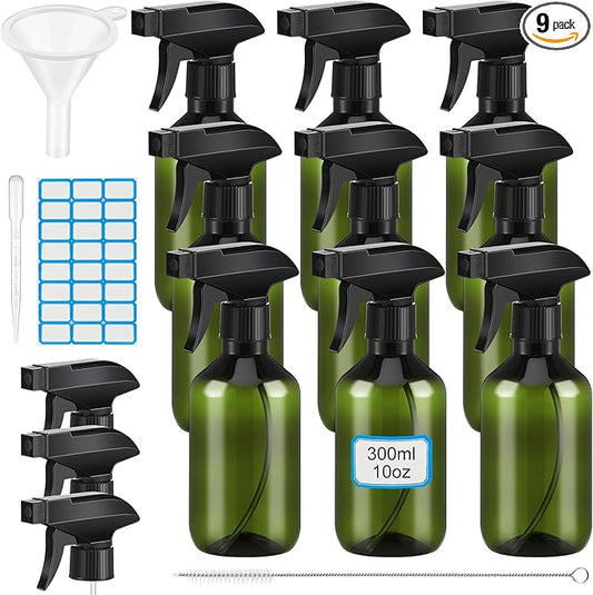 9 Pack 10 oz Plastic Spray Bottle Bulk for Plant Small Spray Bottle Fine Mist Water Sprayer Upgraded Adjustable Nozzle Refillable Empty Containers for Cleaning, Hair, Cooking(Green)