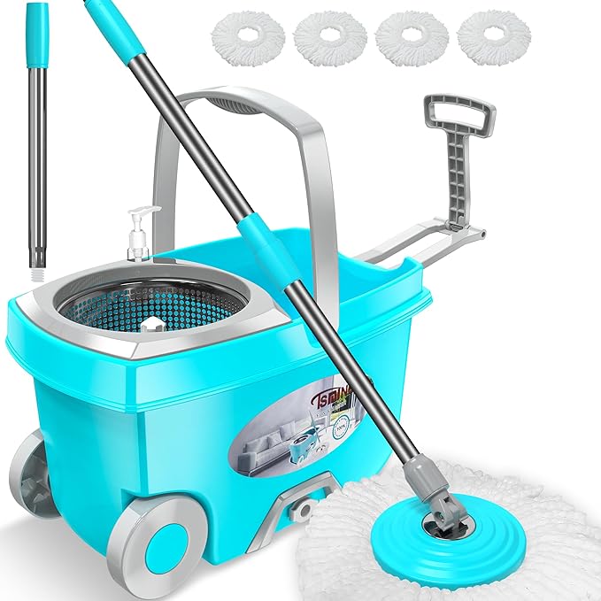 FunClean Spin Mop and Bucket,Mop and Bucket with Wringer Set for Home,360 Spinning Mopping Floor Cleaning Tool with 4 Microfiber Replacement Head Refills,61" Extended Handle, 2X Wheel - Blue