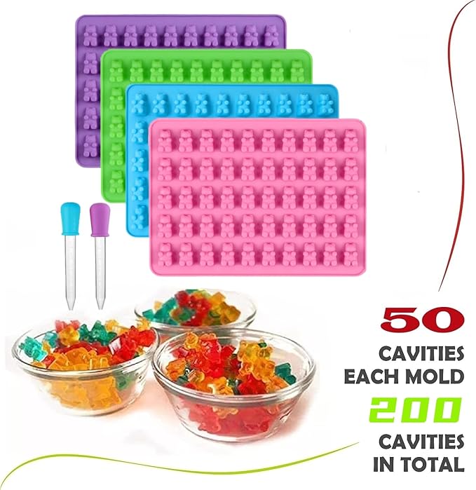 2 Piece Gummy Bear Silicone Molds, Non-Stick Chocolate Candy Mold with 2 Droppers Food Grade (Purple+Blue+Pink+Green)