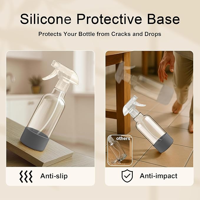 Glass Spray Bottles with Silicone Sleeve 16.9oz 2 Pack Empty Spray Bottle for Hair Mist/Stream Spraying for Cleaning Solutions, Plants, Essential Oils (clear-green&grey)