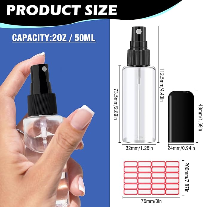 5 Pack 2oz/55ml Plastic Spray Bottles Mini Travel Spray Bottle with Black Cap Empty Fine Mist Spray Bottles Refillable Liquid Container for Perfumes Travel Makeup