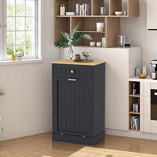 10 Gallon Tilt Out Trash Cabinet, Wood Freestanding Garbage Recycling Cabinet with 1 Door, Hideaway Drawer & Pet Proof Design, Black Trash Bin Holder for Kitchen, Living Room