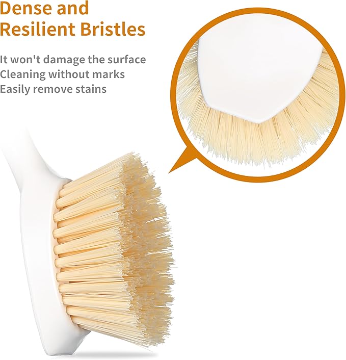 2 Pack Kitchen Dish Brush Bamboo Handle Dish Scrubber Built-in Scraper, Scrub Brush for Pans, Pots, Kitchen Sink Cleaning, Dishwashing and Cleaning Brushes are Perfect Cleaning Tools, White