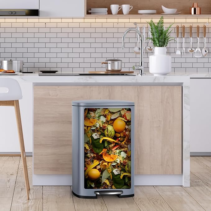 8 Gal Kitchen Trash Can, 30L Recycling or Garbage Bin, Brushed Stainless Steel Waste Basket, Soft&Quiet Close Dustbin, with Step-On Pedal, Removable Inner Bucket, for Home, Office, Living Room