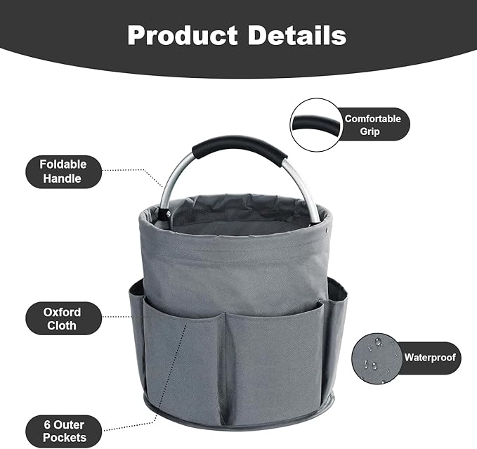 17L Cleaning Caddy with Handle, Cleaning Supplies Organizer, Foldable Storage Basket, Cleaning Supply Caddy, Portable Multi Cleaning Bucket Bag for Home, Garden (Grey)