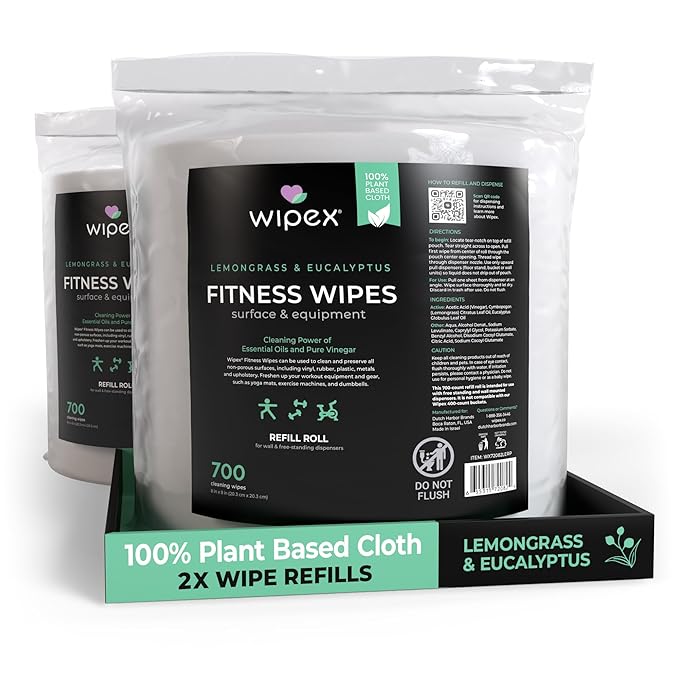 Wipex Plant Based Gym Wipes Dispenser Refill - 1400 Count 8"x8" Fitness Equipment Wipes with Cleaning Vinegar, Lemongrass & Eucalyptus, Quality Gym Wipes for Equipment & Surface Cleaner