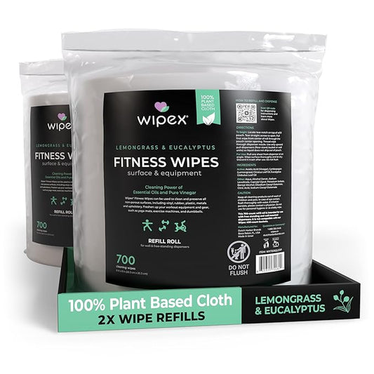 Wipex Plant Based Gym Wipes Dispenser Refill - 1400 Count 8"x8" Fitness Equipment Wipes with Cleaning Vinegar, Lemongrass & Eucalyptus, Quality Gym Wipes for Equipment & Surface Cleaner