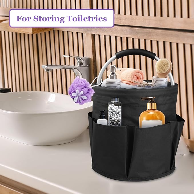 2Pack 17L Foldable Cleaning Supply Caddy with Handle, Portable Bucket Tool Organizer, Garden Tool Bag in 600D Oxford Fabric, Folding Storage Basket for Outdoor, Bathroom, Black + Dark Gray