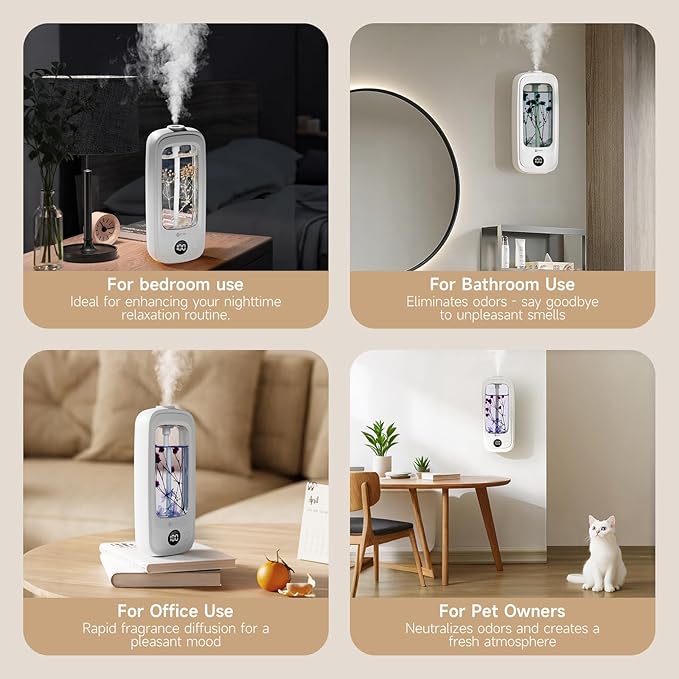 Smart Fragrance Diffuser - Luxury Air Freshener for Home with Real Flowers, 3 Essential Oil Scents, Waterless Aroma Diffuser for Large Spaces, 4 Speed Adjustable Air Diffuser for Office & Bedroom