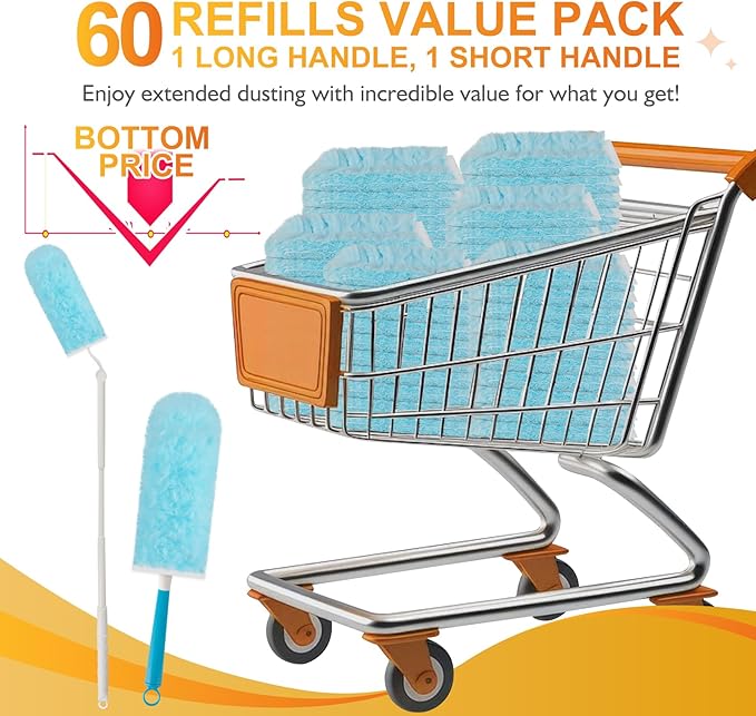 60ct 360° Heavy Duty Duster Refills Kit for Swiffer Duster, 4X Dust Capture Power with Microfiber, Disposable Feather Dusters for Cleaning Ceiling Fan, Cobweb, Car,1 Extended &1 Short Handle