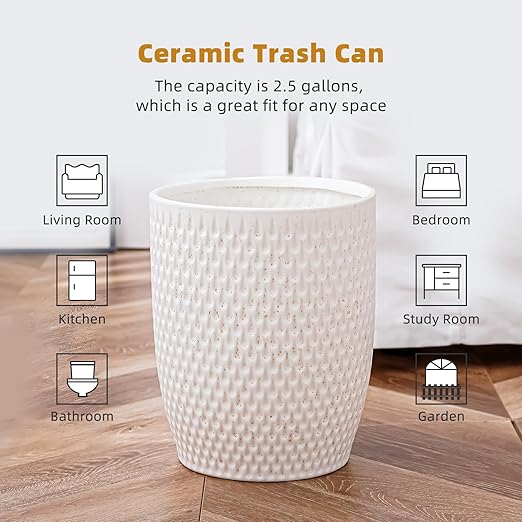 White Ceramic Trash Can - Small Trash Can Wastebasket for Bathroom, Kitchen, Office & Home Decor - Ceramic Round Garbage Container Basket Bin (2.5 Gallon)