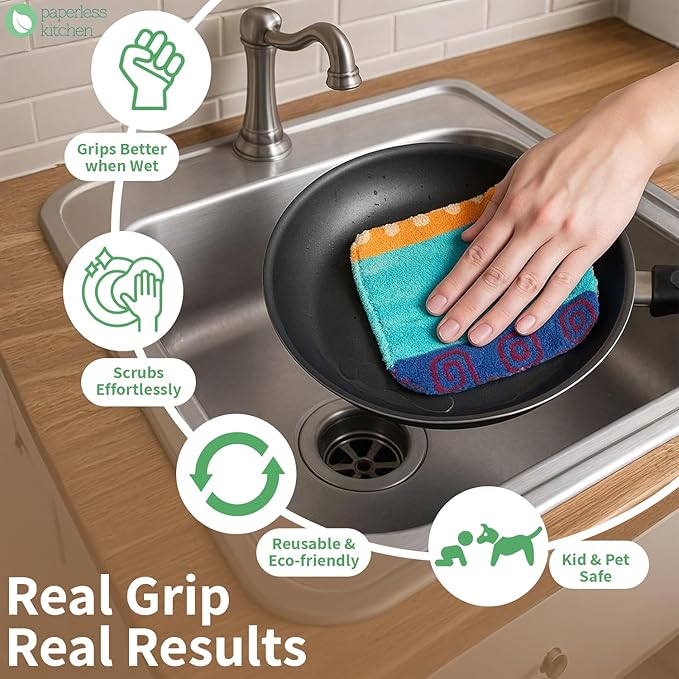 Kitchen Dish Scrubbers | Soft Scrub for Dishes | Non-Scratch Cleaning Pads for Kitchen | Made from Cotton Fiber | Safe on All Surfaces | Long-Lasting & Easy to Clean | Pack of 4