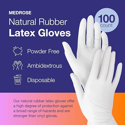 MedRose Large Latex Gloves - 100 Count Rubber Gloves - Disposable Gloves Powder Free, Waterproof, White
