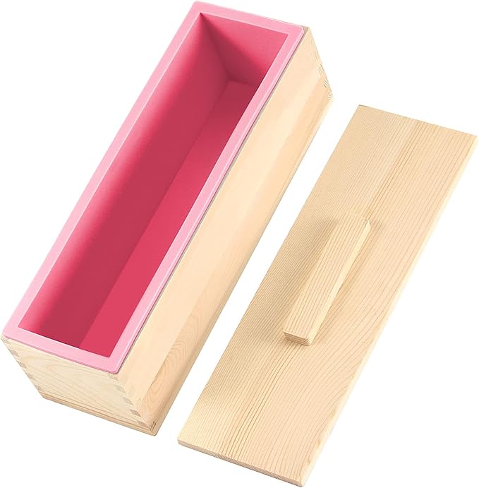 ZOENHOU 4 PCS 42 oz Pink Soap Molds with 4 Wooden Lids, Flexible Rectangular Silicone Soap Making Molds Kit with Wood Box DIY Tool Set for Soap Making Supplies