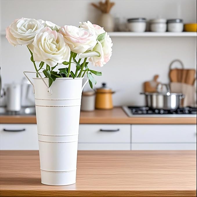 4 Pack 9 Inch Tall Galvanized Flower Bucket, Beige Farmhouse French Flower Bucket with Handle, Rustic Buckets Vintage Metal Vases for Flower, Centerpieces, Floral Wedding Arrangements