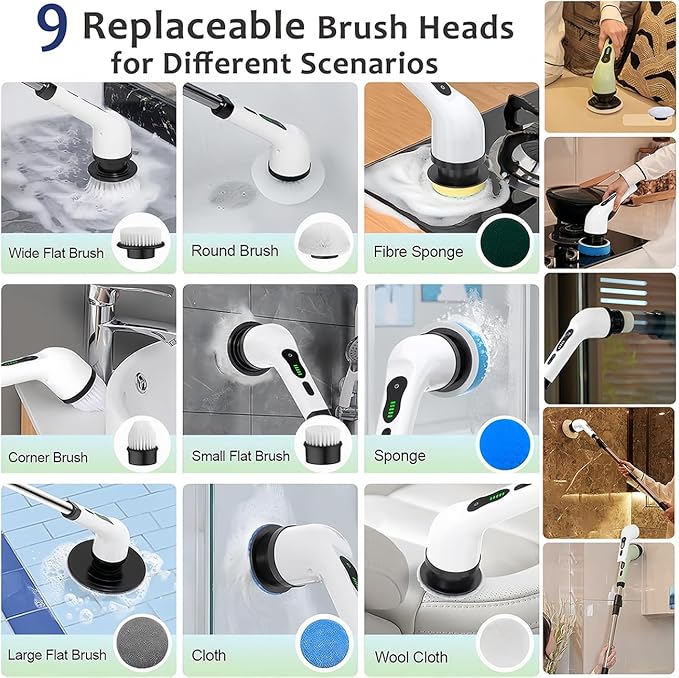Electric Spin Scrubber Cordless - Grout Cleaner with 9 Attachments & Extension Handle, IPX7 Waterproof for Tile, Shower, Tub, Car & Bathroom, USB-C Rechargeable (Green)