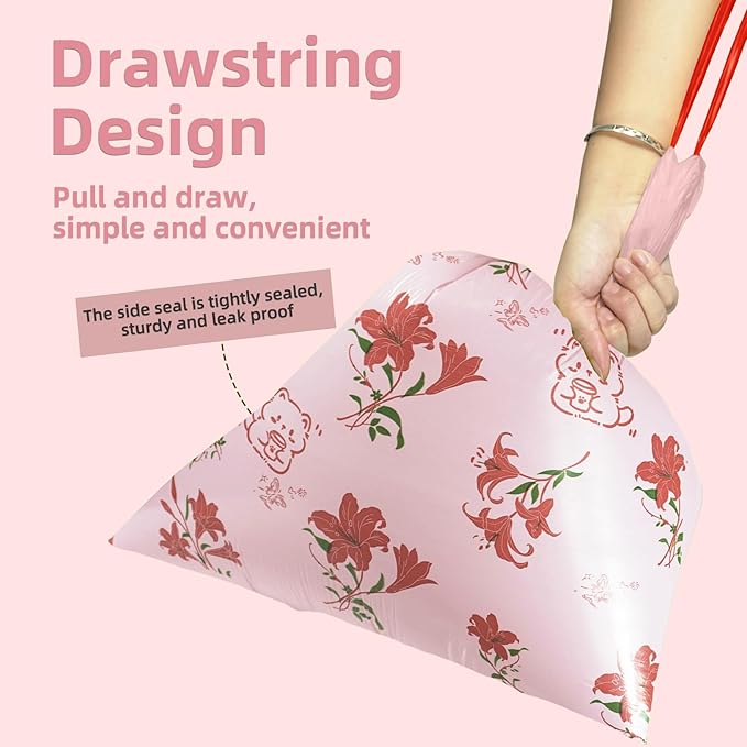 13 Gallon Trash Bags Drawstring, 50 Count Tall Kitchen Trash Bags, Sturdy Large Trash Bags, Lily Printed Garbage Bags 13 Gallon Tall Kitchen, Tear Resistant Kitchen Garbage Bags for Kitchen