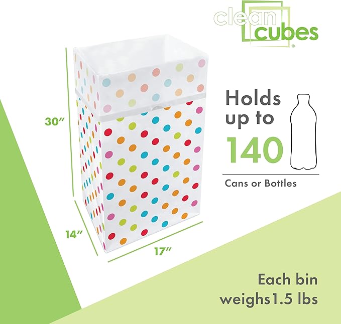 30 Gallon Disposable Pop-Up Trash Cans (3-Pack) with Fitted Bags – Foldable Garbage & Recycling Bins for Parties, Events & Kitchen (Polka Dot, 30" H x 14" W x 17" D)