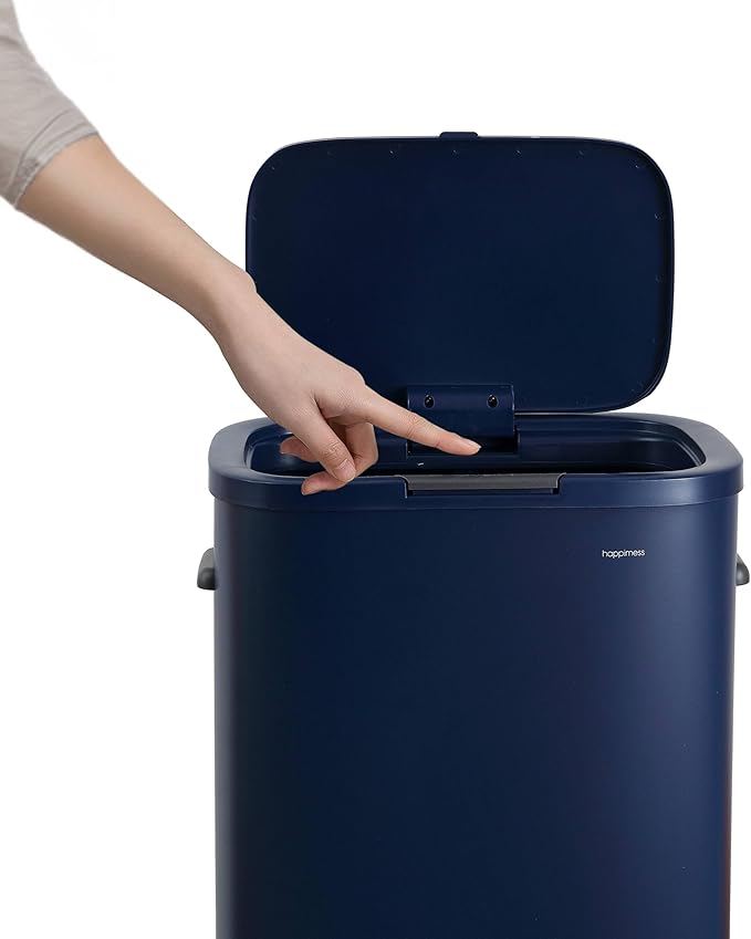 happimess HPM1017J Tammi Kitchen 14.5-Gallon Slim Metal Push Button Trash Can for Home, Kitchen, Laundry Room, Office, Bedroom, Bathroom, Denim Blue