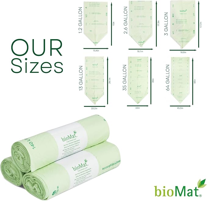 bioMat 64 Gallon Compostable Trash Bags Liners, 30 Count, BPI ASTM D6400 and CMA Certified, Compost Liner Bags for Large Trash Can