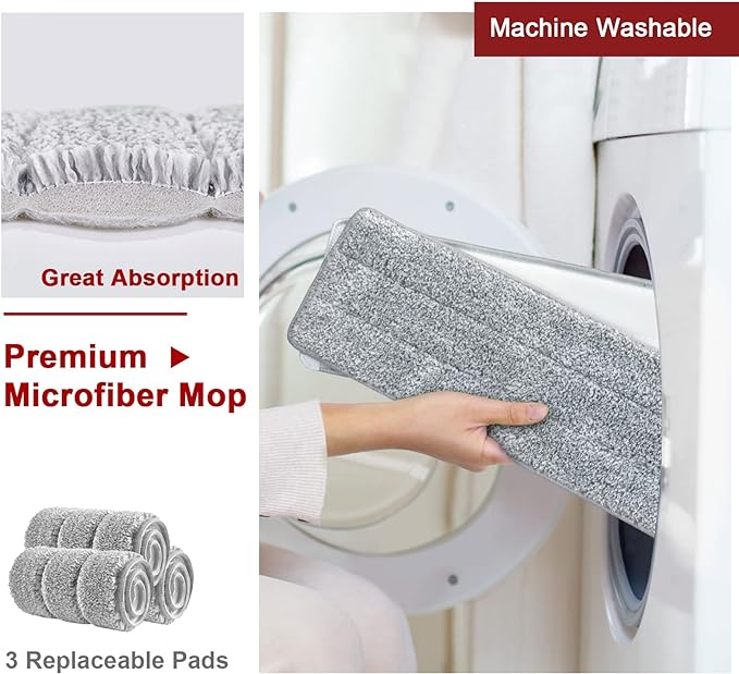 Hands-Free Mop and Bucket Set with 3 Washable Pads, Wet/Dry Floor Cleaning System, Red/Black