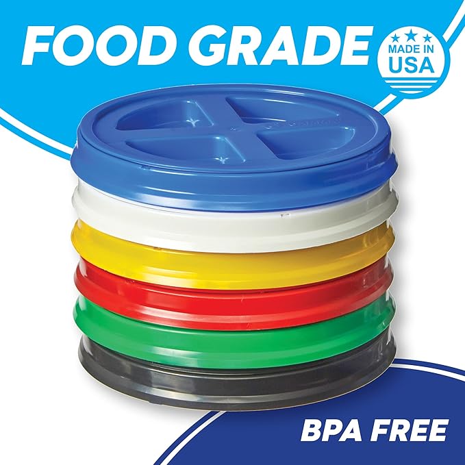 Gamma Seal Lids for 3.5, 5, 6 and 7 Gallon Buckets – Combo of 6 colors – Food Grade BPA Free Reusable Lids, Made in USA