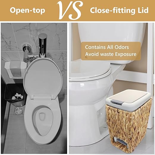 Slim Bathroom Trash Can with Lid, 3 Gallon Small Trash Garbage Can Narrow Rubbish Waste Bin Basket with Press Top Step On Wicker Slim Wastebasket Wastepaper Basket for Bath Bedroom Office