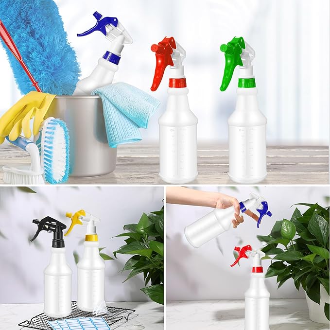 Zubebe 24 Pack 32 oz Plastic Spray Bottle Bulk Empty Leakproof Heavy Duty Spray Bottles for Cleaning Supplies Mist Bottles with Label and Adjustable Nozzle for Plant(Multicolor B,Clear Scale)
