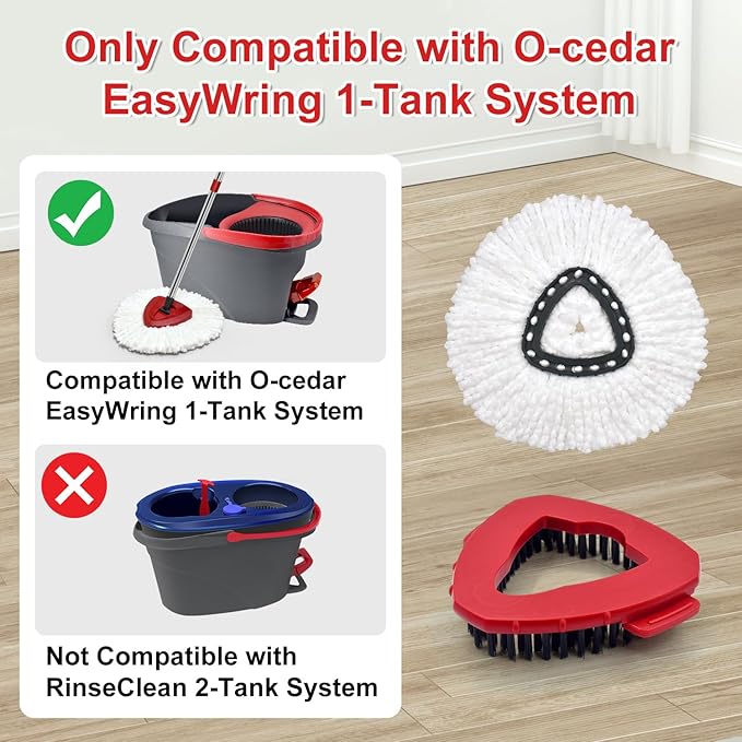 Mop Head Replacement Compatiable with Ocedar EasyWring 1-Tank System,Mircofiber Mop Heads Refill and Scrub Brush for O Cedar Easywring Spin Mop, 6 Pack Mop Refills & 2 Scrubber Head to Floor Cleaning