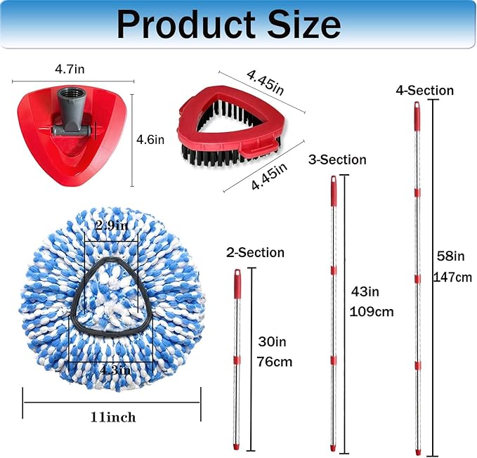Spin Mop Replace Heads for O Cedar Rinse Clean 2 Tank System, Spin Mop Replacement Head 4 Microfiber Mop Refills, 1 Triangle Head Cover and 30-58in Handle 1 1Scrub Brush