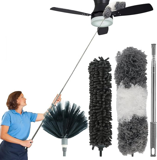 Cobweb Duster with Extension Pole,100" Ceiling Fan Duster Kit with 3 Heads,Bendable Ceiling Fan Cleaner Duster,Washable Reusable Dusting Pole for High Ceiling and Walls Furniture Home