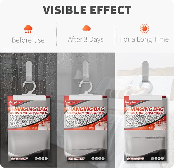 Vacplus Moisture Absorbers, Hanging Closet Dehumidifier Bags, Humidity Packs, Desiccant, Closet Dehumidifiers with Activated Charcoal, 10 Pack, 9.8 OZ