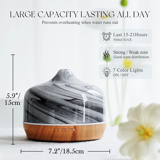 Porseme 500ml Glass Essential Oil Diffuser Aromatherapy Ultrasonic Cool Mist Humidifier 15-21 Running Hours Waterless Auto-Off Air Diffusers for Sleeping,Yoga,Office Working,Spa and Rest (Ink)