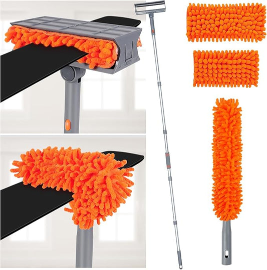 Ceiling Fan Cleaner Duster with 77'' Extension Pole, Reusable Chenille Fan Blade Brush and Duster Head kit, Flexible Ceiling Cleaner for Cobwebs, Wall, Sofa and Furniture（Orange）
