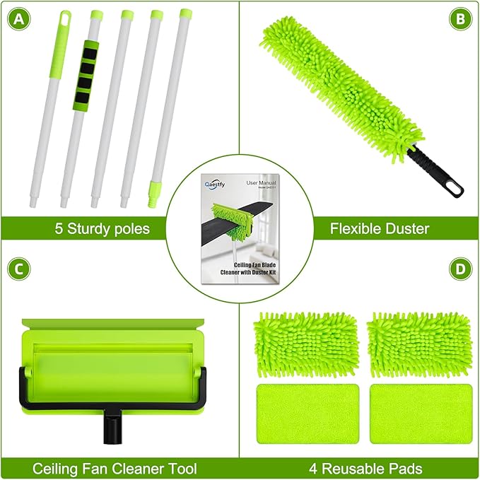 Ceiling Fan Cleaner Duster with 75'' Extension Pole, Flexible High Ceiling Fan Blades Cleaning Tool, Reusable Skinny Duster for Tight Spaces