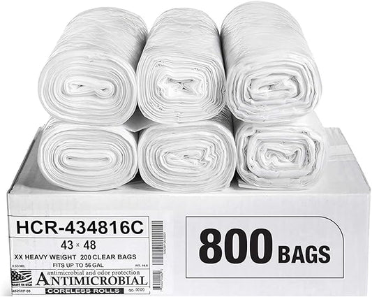 Aluf Plastics High Density Trash Bags, 56 Gallon, 800 Count, 16 Micron (eq), 43" x 48", Clear, for Bathroom, Office, Industrial, Commercial, Janitorial, Municipal, Recycling