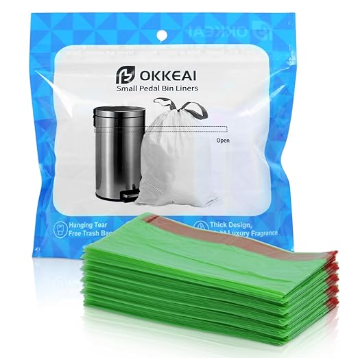 OKKEAI 2.6 Gallon Bathroom Drawstring Trash Bags, 60 Count Small Green Garbage Bags, Heavy Duty Tear-Resistant & Leak-Proof Wastebasket Liners for Kitchen, Bathroom, Office